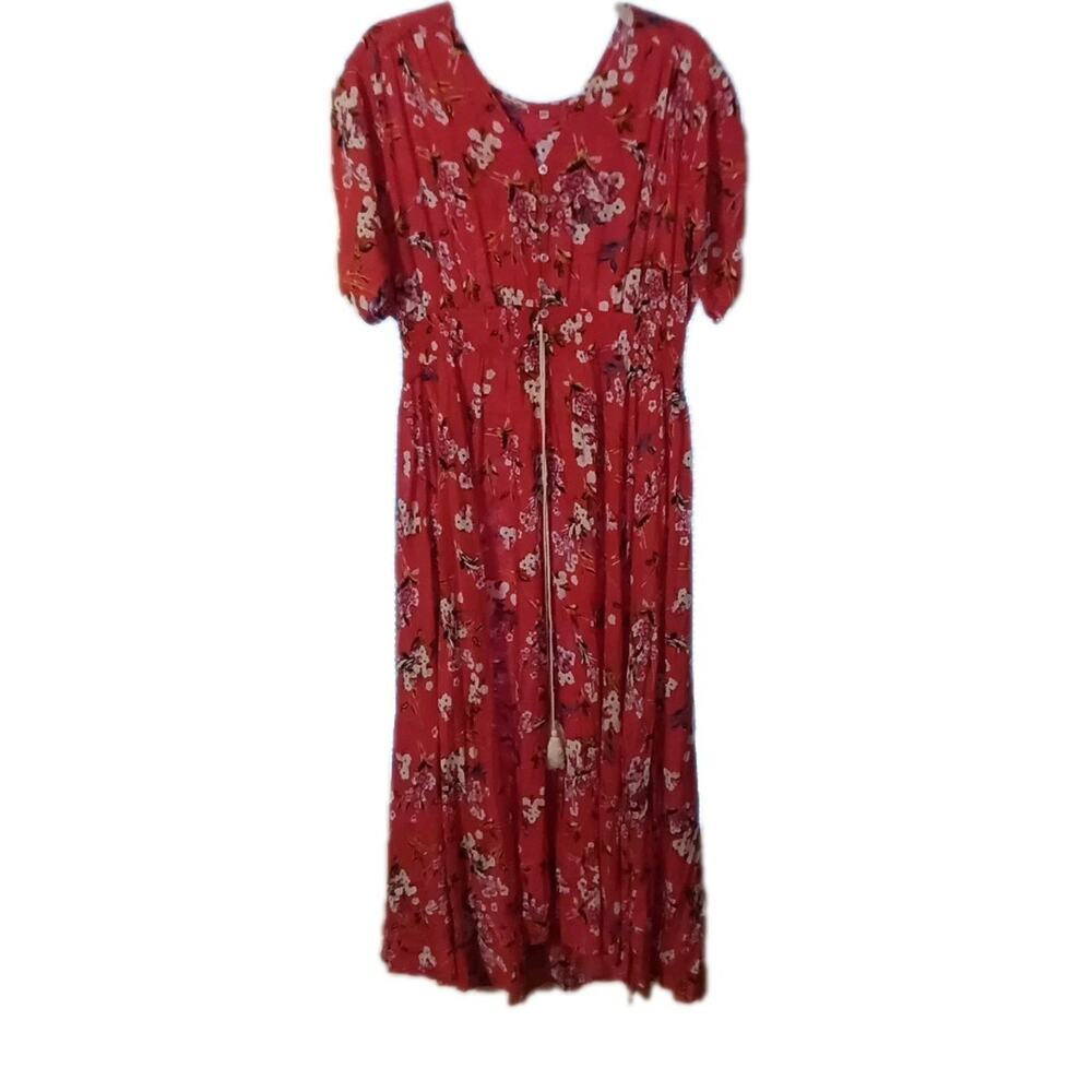 Unbranded Red Maxi Dress Floral No Tags Xxl Full Button Front Beach Summer...